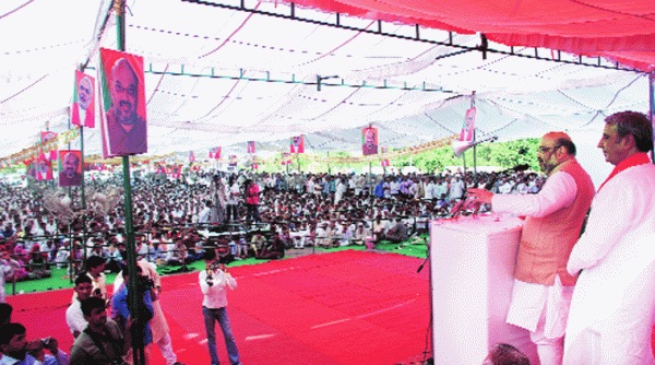 BJP president Amit Shah at the rally in Bhiwani on Monday. (Source: Express)
