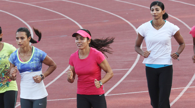 Dope-tainted women athletes Mandeep Kaur (L), Priyanka Panwar (C) and Ashwini Akkunji (R) practicing at NIS Patiala (Source: Express Photo by Jaipal Singh)