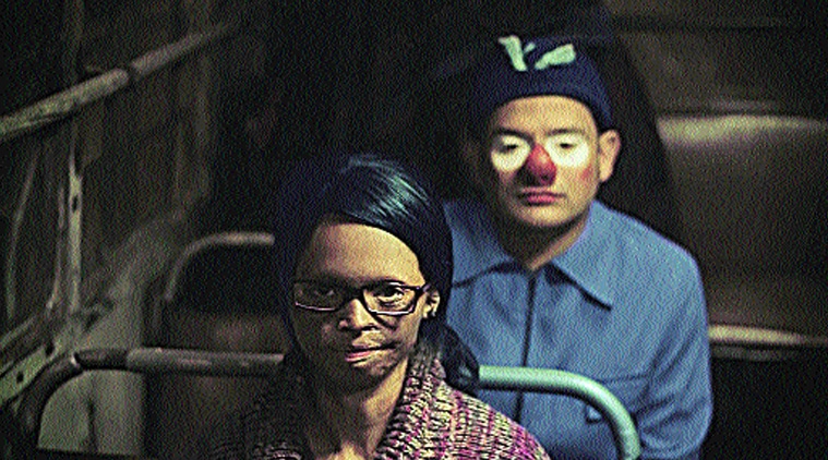 By giving spectators clown faces, Megha Ramaswamy turns the gaze away from the acid victims.