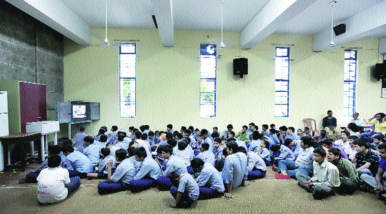 Visually-challenged students at JPM Senior Secondary School listen to the speech on Friday.  (Source: Ravi Kanojia)