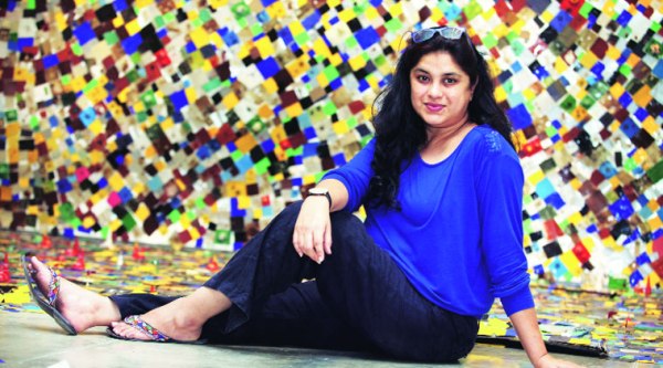 Hema Upadhyay with her installation based on Mumbai,  titled Modernisation