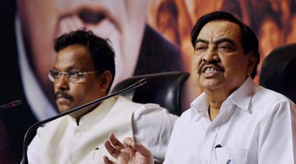Maharashtra BJP leaders Eknath Khadse and Vinod Tawade during a press conference after a meeting with party President Amit Shah at party headquarter in New Delhi. Source: PTI photo