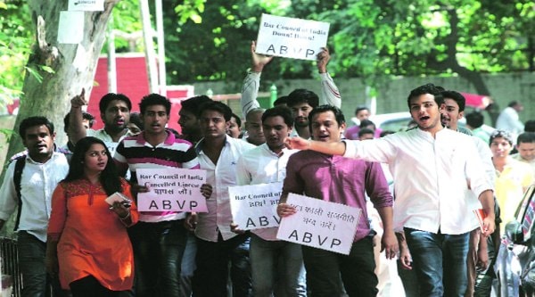 ABVP members hold a protest outside Faculty of Law on Saturday. (Source: Express photo by Amit Mehra)