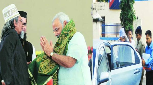 Mehdi Hasan with Modi in 2011; being arrested in his village Rustampura in Kheda Tuesday. ( Source: Express photo )