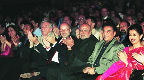 Former sponsors of Mumbai Film Festival Tina and Anil Ambani on the front row of its opening ceremony in 2013; also seen Costa-Gavras, Shyam Benegal, Kamal Haasan and Gouthami.