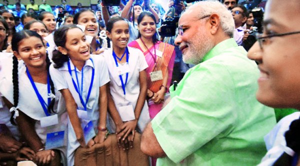 Prime Minister Narendra Modi interacts with schoolchildren in New Delhi on Teachers’ Day. ( Source: PTI )