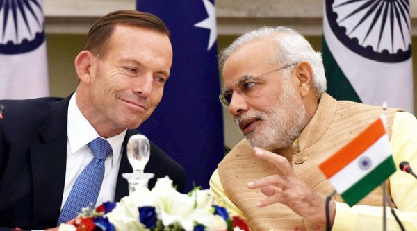 Prime Minister Narendra Modi with his Australian Counterpart Tony Abbott, during their meeting in New Delhi on Friday. (Source: PTI Photo)