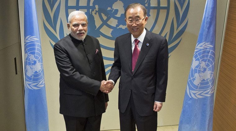Prime Minister Narendra Modi meets with Secretary-General Ban Ki-moon during the 69th United Nations General Assembly at U N headquarters in New York on Saturday. (Source: PTI)