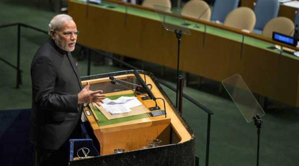 Prime Minister Narendra Modi addresses the 69th session of the United Nations General Assembly at UN headquarters in New York on Saturday. (Source: PTI)