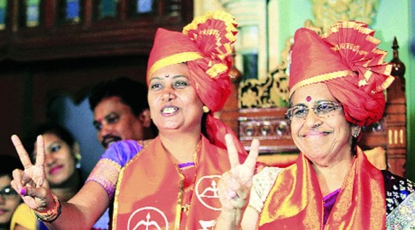 Snehal Ambekar (left) and Alka Kelkar at the BMC headquarters on Tuesday. (Ganesh Shirsekar)