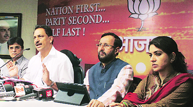 BJP leaders Kirit Somaiya, Rajiv Pratap Rudy, Prakash Javadekar and Shaina NC in Mumbai Friday.