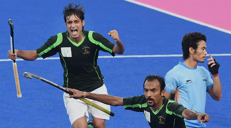 Pakistani players celebrate a goal against India during their Pool B hockey match at 17th Asian Games in Incheon (Source: PTI)