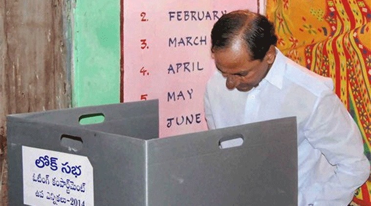 Telangana Chief Minister K Chandra Shekhar Rao castes his vote in bypoll for Medak Lok Sabha seat in Medak on Saturday. Source: PTI Photo