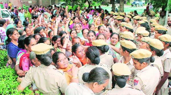 During the protest in Ludhiana on Thursday.