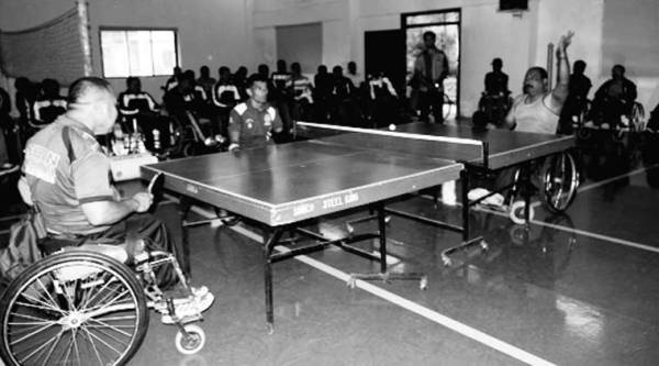 A table-tennis match underway