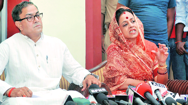 Congress MP Sanjay Sinh and his wife Ameeta Singh at a press conference in Amethi on Monday. (Source: Express photo)