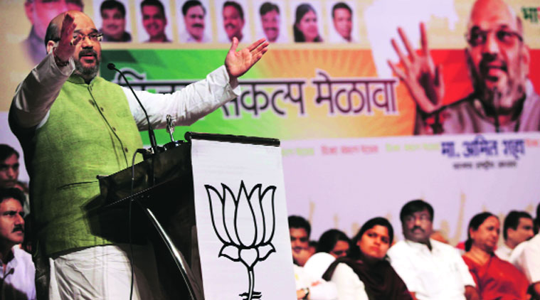 Amit Shah at a BJP meeting in Mumbai Thursday night. (Source: Express photo by Pradip Das)