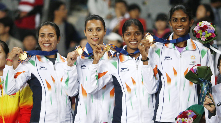 The Indian 4x400 women’s relay team gold medal winners -Priyanka Pawar, Mandeep Kaur, Tintu Lukka and Poovamma Raju. (Source: Reuters)