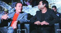 Hollywood legend Arnold Schwarzenegger (left) with music director AR Rahman at the audio launch of the romantic action film — I  —in Chennai recently