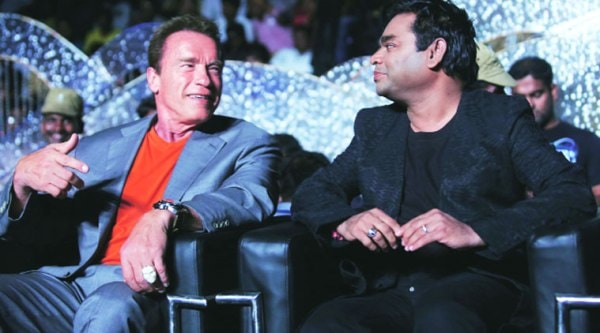 Hollywood legend Arnold Schwarzenegger (left) with music director AR Rahman at the audio launch of the romantic action film — I  —in Chennai recently