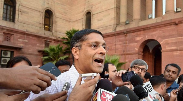 New Chief Economic Adviser Arvind Subramanian speaks to the media after taking charge at North Block in New Delhi. PTI