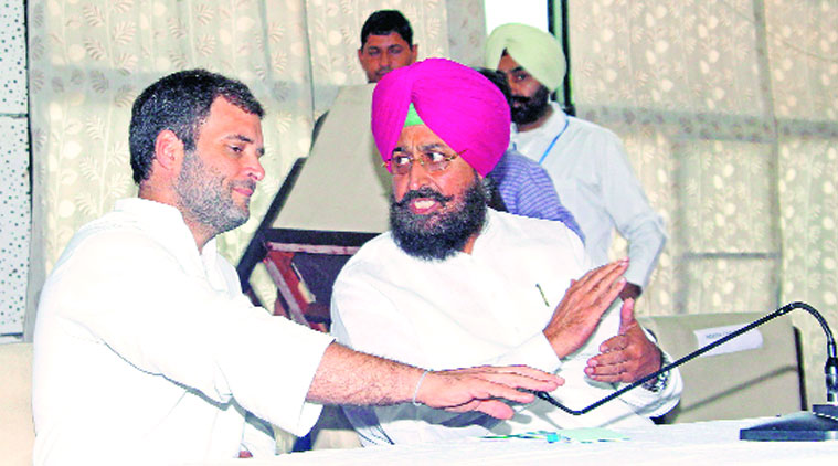 AICC vice-president Rahul Gandhi with Punjab Congress president Partap Singh Bajwa at the Congress Bhawan in Sector 15, Chandigarh, on Thursday. 
