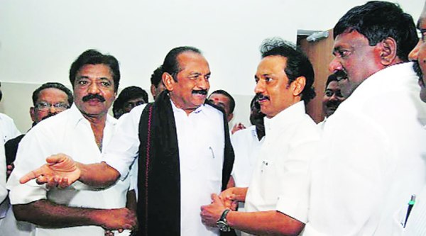 Stalin with Vaiko at the wedding reception in Mahabalipuram on Wednesday.