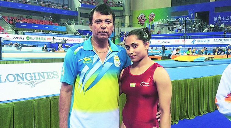 Dipa Karmakar with her coach BS Nandi, who has been instrumental in her trying out complicated manoeuvres.  