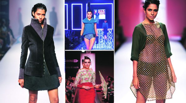 (Clockwise from left) Dhruv Kapur of DRVV presented a very tailored approach to quilting; Namrata Joshipura presented quilted pieces in her futuristic fall collection; Neha Agarwal’s  ultra feminine take on quilting with girly skirts and embroidery; Megha Garg introduced sequins for a festive touch    