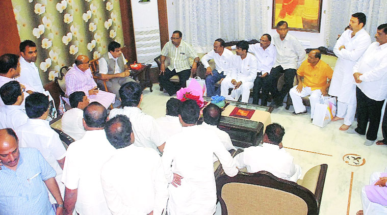 Union Minister Nitin Gadkari with the newly-elected BJP MLAs from Vidarbha, at his residence in Nagpur on Tuesday. Source: Express