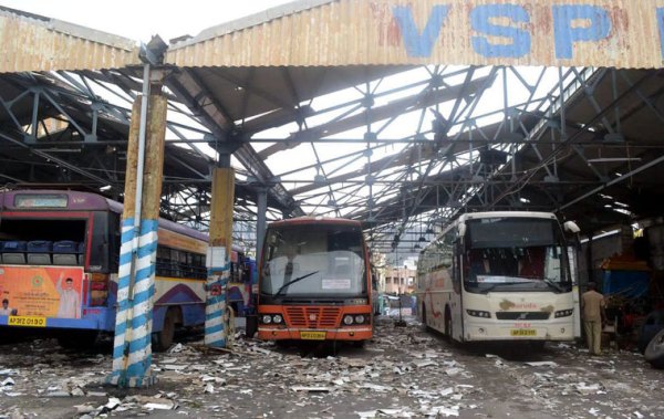 A bus shed damaged after hit by Hudhud Cyclone in Vishakapatnam. (Source: PTI Photo)