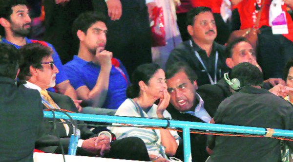 (Above) RIL chairman Mukesh  Ambani speaks to West Bengal CM Mamata Banerjee at the opening ceremony of ISL in Salt Lake Stadium, Kolkata, on Sunday.