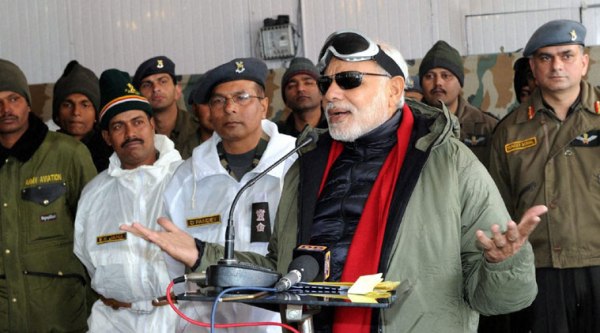 PM Narendra Modi addresses the Officers and Jawans of the Indian Armed Forces during his visit to Siachen on the occasion of Diwali. (Source: PTI photo)