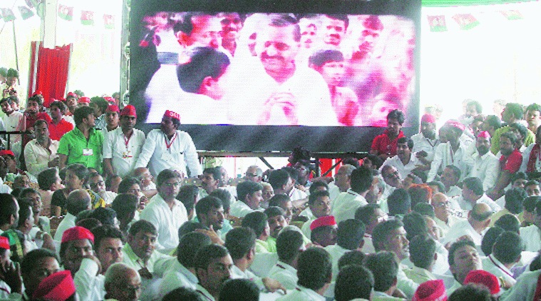 A film on Mulayam Singh Yadav shown at the SP convention in Lucknow, Friday. (Source: Express photo by Vishal Srivastav)