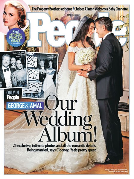 People magazine cover of George Clooney and Amal Alamuddin’s wedding, in which she wore a de la Renta gown