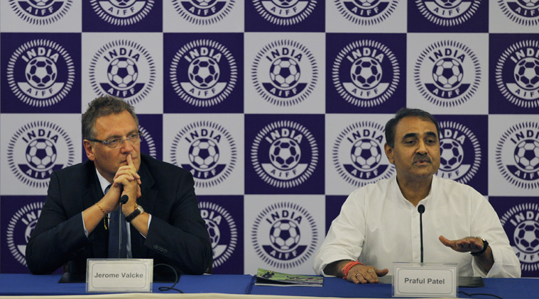 AIFF president Praful Patel and FIFA secretary general Jerome Valcke in New Delhi on Thursday (Source: AP)