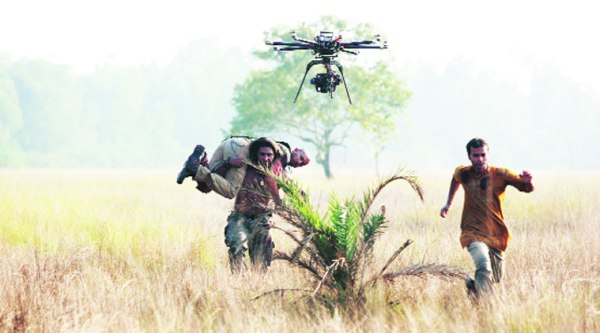 Shooting an action scene with a helicam
