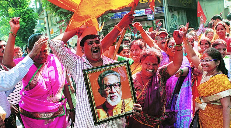 Sena supporters in Dadar celebrate the party’s victory.(Source: Express photo by Prashant Nadkar)