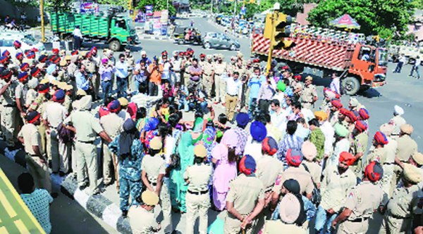 During the protest rally by the TET pass unemployed teachers at Bharat Nagar Chowk in Ludhiana on Sunday.