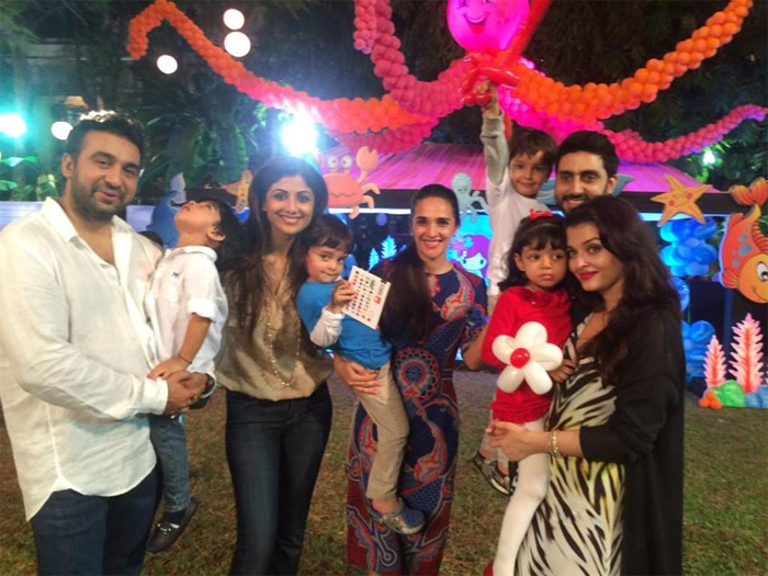 Sweet photo - Tara Saluja, who had worked with Abhishek in 'Om Jai Jagdish', posted a picture from the birthday party. Seen here Shilpa, husband Raj and their son Vihaan. Tara Sharma, Abhishek and wife Aishwarya with the birthday girl Aaradhya. (Source: Twitter)