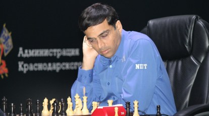 Viswanathan Anand and Magnus Carlsen of Norway during their Tenth match at  FIDE World Chess