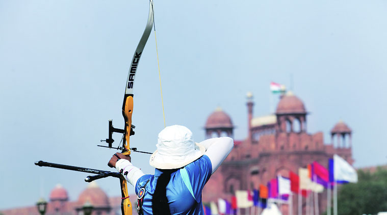 Deepika Kumari takes a shot during the National Ranking Tournament, which was held in front of the Red Fort, in Delhi on Sunday. Deepika beat Laxmi Rani Majhi 6-0 to win the women’s recurve gold. (Source: Express photo by Ravi Kanojia)
