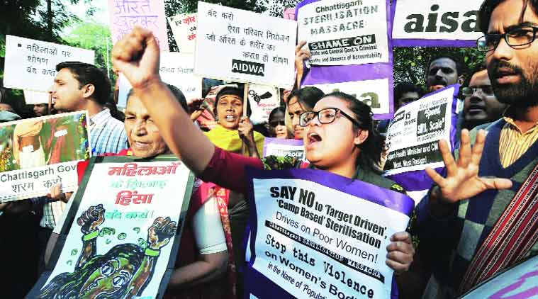 Protests were held against the death of women during routine sterilisation in Chhattisgarh this year. A probe found that contaminated drugs were used in the drive. (Source: Express Archive)