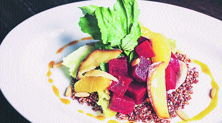 Quinoa, beet and smoked cheese salad with OJ dressing.
