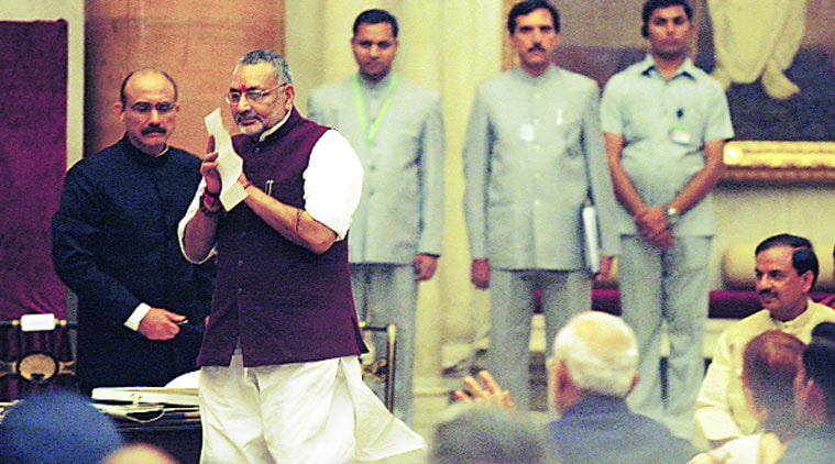 Giriraj Singh salutes colleagues as he heads take oath at Rashtrapati Bhavan on Sunday. (Source: Express photo by Neeraj Priyadarshi)