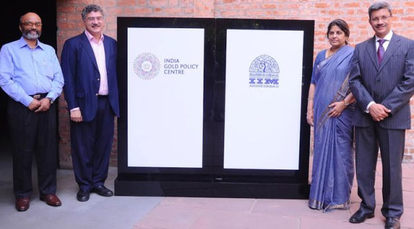 At the launch of India Gold Policy Centre at IIMA (from Left to Right) Jayant Verma, Head of India Gold Policy Centre,  Ashish Nanda, Director, IIMA, Rama Bijapurkar, Indian Advisory Board Member, World Gold Council and Somasundaram PR, Managing Director, India, World Gold Council. 