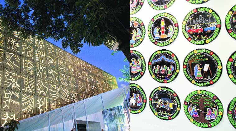 The jaali facade, the roof paintings and the wall chakras were inspired by the crafts of Bihar