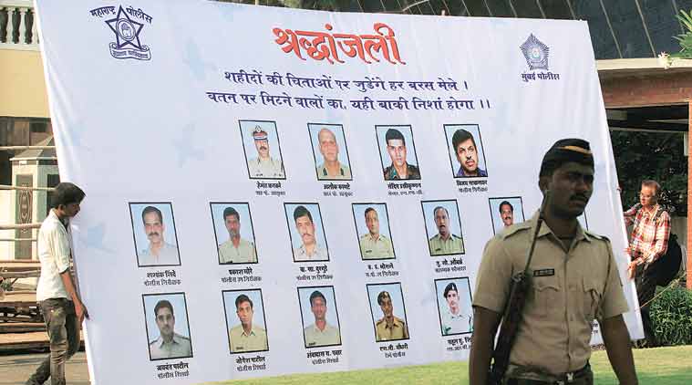Preparations under way at a police memorial in Marine Drive on Tuesday to pay tributes to 26/11 martyrs. (Source: Express photo by Ganesh Shirsekar)