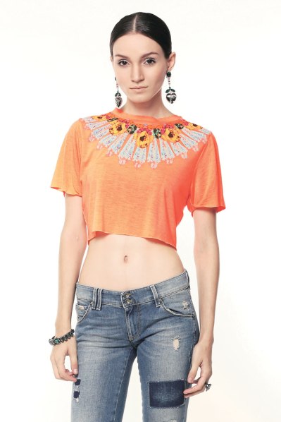 A model displaying a necklace print crop top