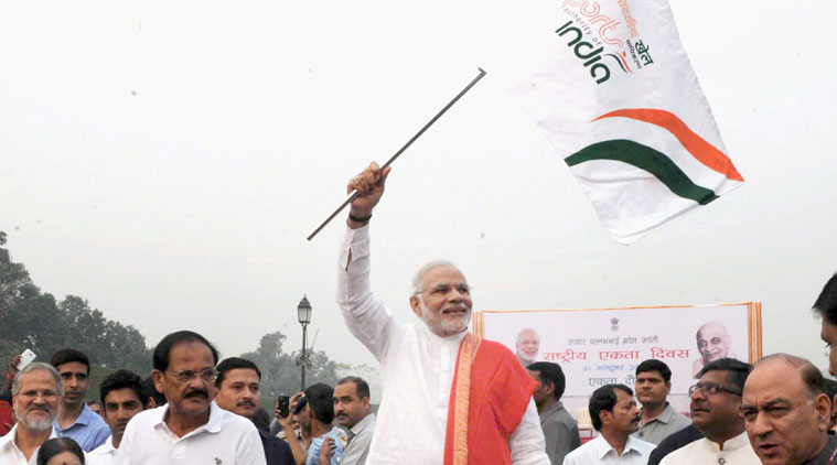 PM Narendra Modi flagging off Run for Unity at the Rajpath on the occasion of Sardar Vallabhbhai Patel's birth anniversary in New Delhi on Friday. (Source: PTI Photo)